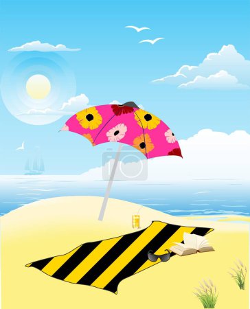 Téléchargez les photos : Composition avec serviette et parasol au bord de la mer - en image libre de droit