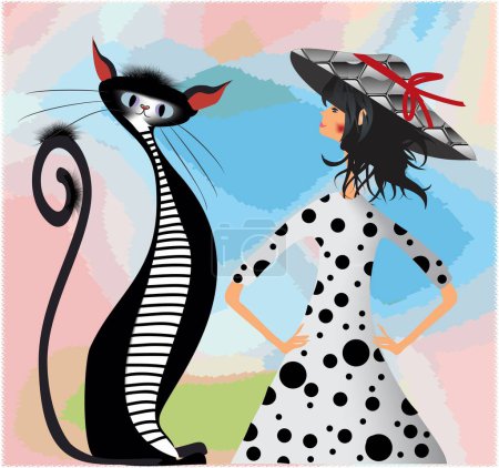 Téléchargez les photos : Composition avec une femme dame et un chat noir et blanc - en image libre de droit