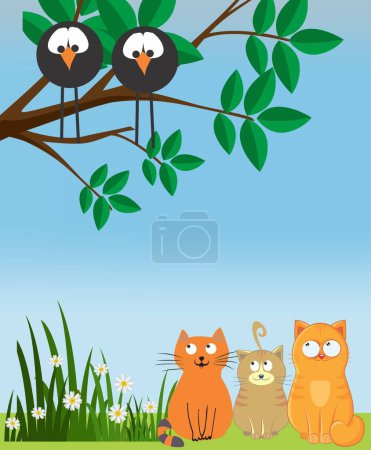 Téléchargez les photos : Composition avec des chats qui s'assoient et observent les oiseaux assis sur une branche - en image libre de droit