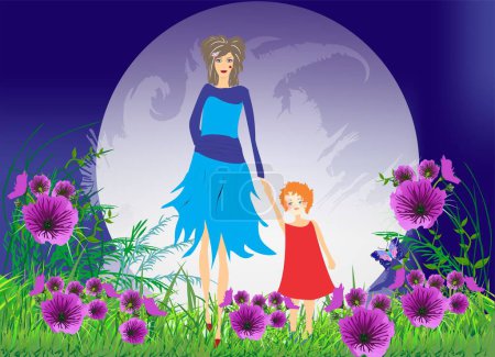 Téléchargez les photos : Composition avec mère et fille sur le fond de la lune - en image libre de droit