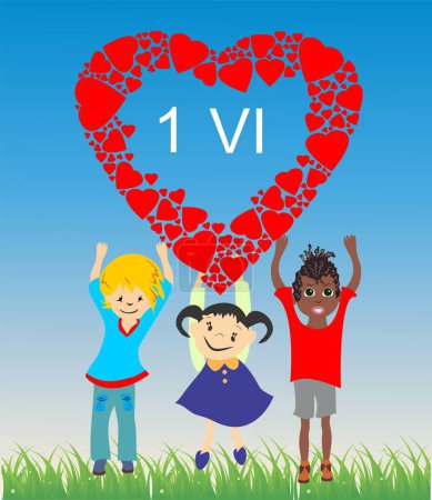 Téléchargez les photos : Composition avec des enfants dans la prairie tenant un cœur rouge - en image libre de droit