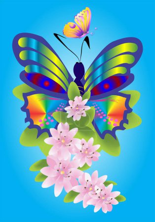 Téléchargez les photos : Composition avec des fleurs roses et des papillons colorés - en image libre de droit