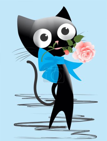 Téléchargez les photos : Composition avec un chat noir avec un ruban tenant une rose dans sa bouche - en image libre de droit