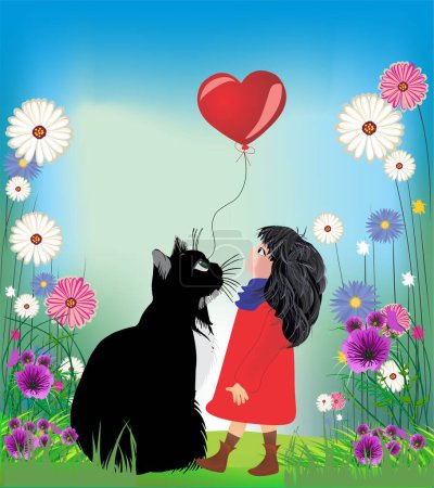 Téléchargez les photos : Composition with a girl and a cat looking at a flying balloon - en image libre de droit