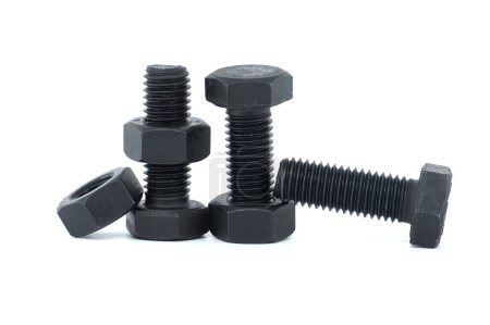 Full thread hexagon bolts and internal screws coated with black oxide isolated on white background