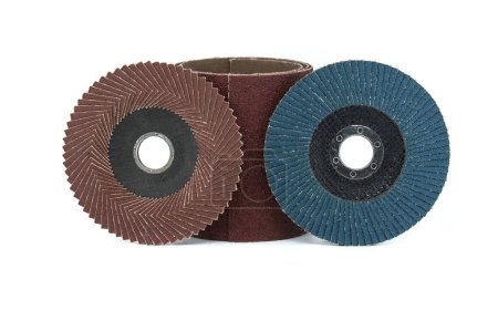 Photo for Array of abrasive discs in close-up view isolated on white background, typically used for grinding, sanding, and polishing in various industries - Royalty Free Image