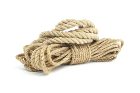 Spools of natural fiber rope presented with varying thicknesses isolated on white background