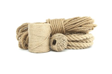 Collection of jute ropes and twines isolated on white background