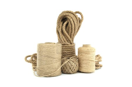 Collection of jute ropes and twines isolated on white background
