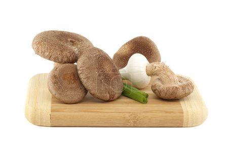 Shiitake-Pilze und verschiedene Zwiebeln auf einem Holzschneidebrett isoliert auf weißem Hintergrund. Rezepte und Heilkräuter