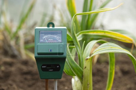The meter has various indications illustrating its role in monitoring and measuring the moisture levels in the soil, a critical factor for successful crop cultivation
