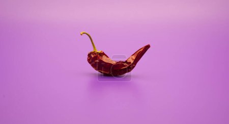 Dried red chili peppers with green stem presented against a vivid lilac color background