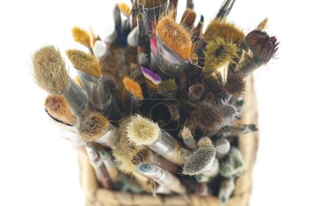 Photo for Brush collection vary in size, colors and possibly materials, condition of the brushes the cleanliness of which may vary, top view - Royalty Free Image