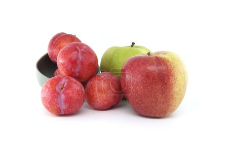 Sortiment an frischem Obst vor weißem Hintergrund, darunter leuchtend grüne Äpfel und purpurrote Pflaumen