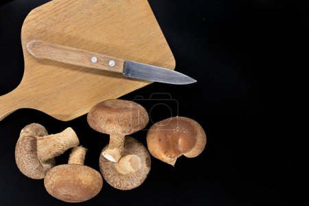 Fresh shiitake mushrooms and wooden cutting board with knife on it arranged on black background