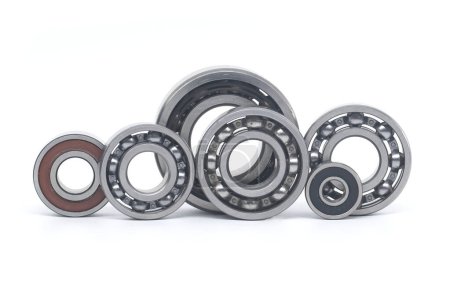 Array of bearings of varying sizes and types, including with and without sealing isolated on a white background