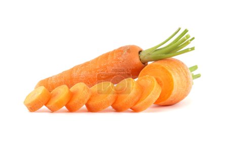 Whole carrot alongside its sliced pieces, each exhibiting a vibrant orange hue, set against a white background