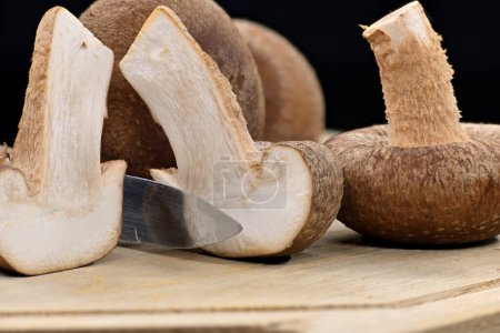 Fresh shiitake mushrooms on cutting board, one mushroom are cut, revealing their white interior, nutritional and medicinal, Lentinula edodes