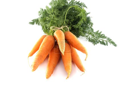 Paquete de zanahorias anaranjadas vibrantes con tapas de hojas verdes, las zanahorias se atan junto con el cordel, mostrando un aspecto natural y rústico