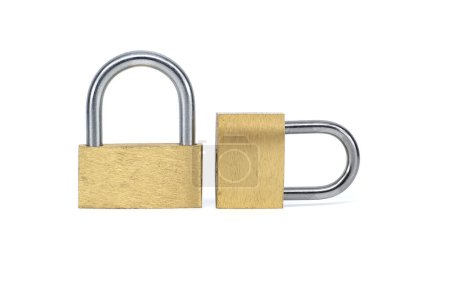Two shiny gold padlocks that has a silver inner part isolated on white background