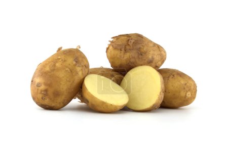 Early season potatoes with a light brown skin isolated on a white background, one potato bisected displaying its yellow interior