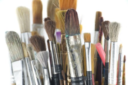 Array of paintbrushes of different sizes and colors arranged on a white surface