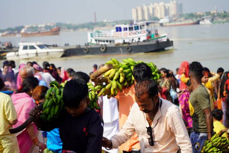 Foto de 31 octubre 2022, Calcuta, Bengala Occidental, India. Racimo de plátanos para Chhas Puja - Imagen libre de derechos