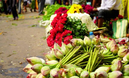 Lotus und Rote Rose werden in einer Reihe zum Verkauf auf dem Howrah Flower Market, dem Kalkutta Flower Market, Mullick Ghat gehalten