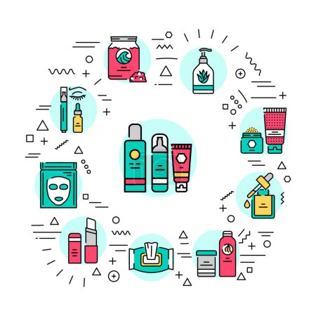 Ilustración de Banner web de cosméticos. Infografías con iconos lineales - Imagen libre de derechos