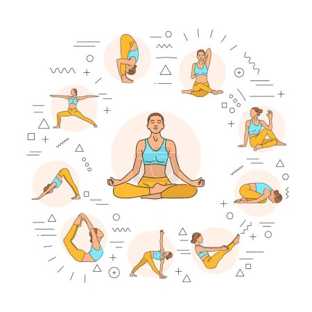 Illustration for Yoga web banner. Infographics with linear icons - Royalty Free Image
