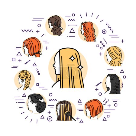 Téléchargez les illustrations : Women s hairstyles web banner. Infographics with linear icons on white background. Creative idea concept. - en licence libre de droit