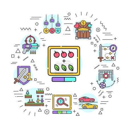 Illustration for Computer games genres web banner. Infographics with linear icons - Royalty Free Image