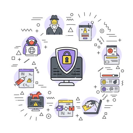 Illustration for Cybercrime web banner. Infographics with linear icons - Royalty Free Image