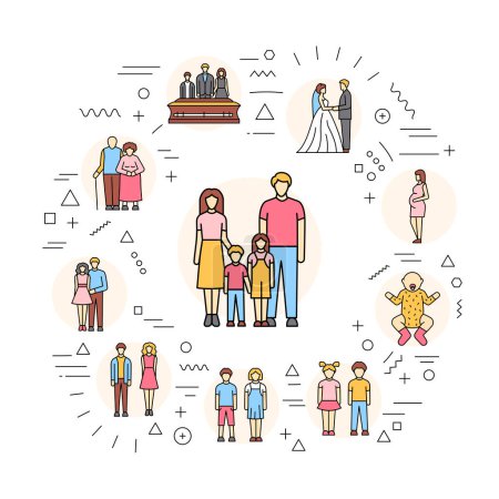 Ilustración de Stages person's life web banner. Birth, youth, old age, death. Infographics with linear icons on white background. - Imagen libre de derechos