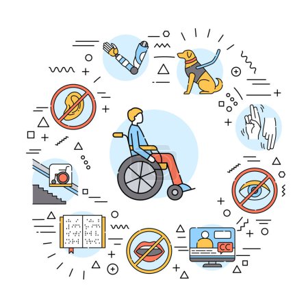 Illustration for Disability web banner. Infographics with linear icons on white background. Creative idea concept. - Royalty Free Image