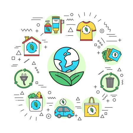 Ilustración de Ecological environment web banner. Eco friendly. Infographics with linear icons on white background. - Imagen libre de derechos