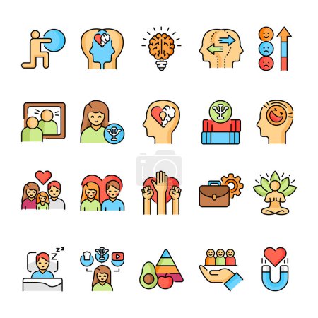 Ilustración de Conjunto de iconos de línea de color de salud mental. Comportamiento humano. Autoeducación - Imagen libre de derechos