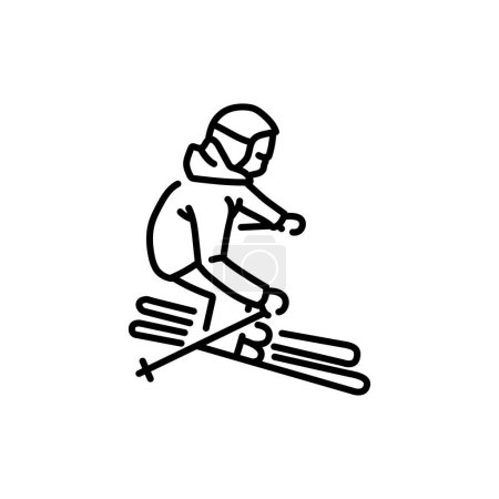 Téléchargez les illustrations : Child skier color line icon. Skiing in winter Alps. - en licence libre de droit