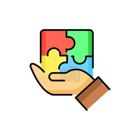Téléchargez les illustrations : Puzzles dans les mains icône de ligne de couleur. Résolution de problèmes. - en licence libre de droit