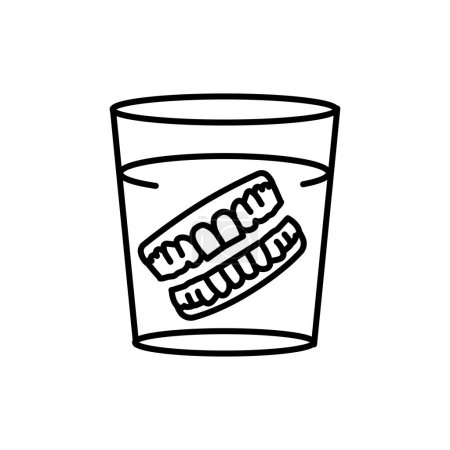 Illustration for False teeth in glass line icon. Dental prosthetic. Vector illustration - Royalty Free Image