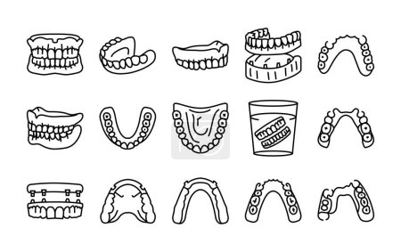 False teeth line icons set. Dental prosthetic. 