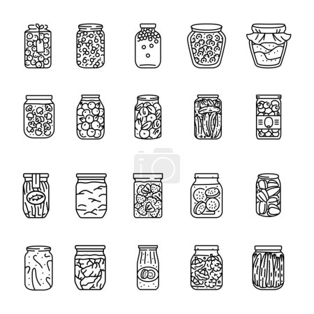 Téléchargez les illustrations : Pickled vegetables, fruits, berries, meat, fish in a jars color line icons set - en licence libre de droit