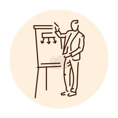 Téléchargez les illustrations : Homme d'affaires montrer l'icône de ligne de couleur de présentation. Femme entrepreneure. - en licence libre de droit