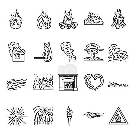 Illustration for Fire black line icons set. Pictograms for web page - Royalty Free Image