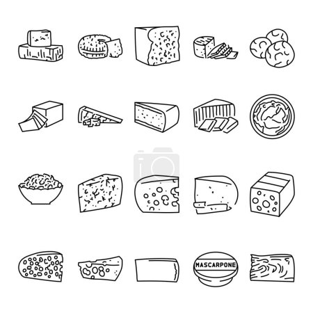 Illustration for Types of cheeses black line icons set. Dairy products. - Royalty Free Image