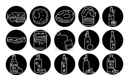 Téléchargez les illustrations : Kombucha thé maison en bouteille couleur ligne icônes ensemble. - en licence libre de droit
