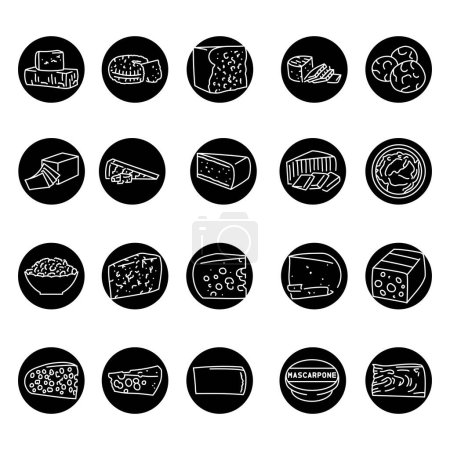 Téléchargez les illustrations : Types of cheeses black line icons set. Dairy products. - en licence libre de droit