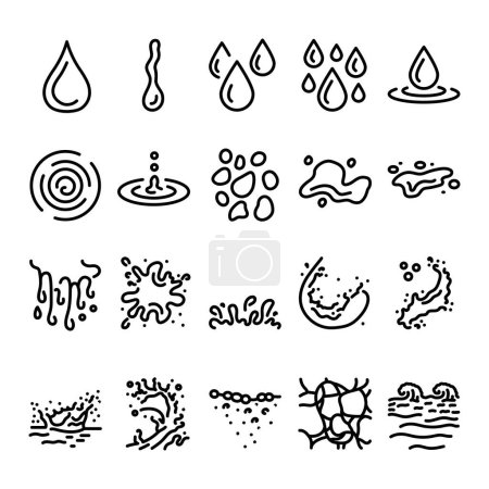 Illustration for Liquid flow and water drops black line icons set. - Royalty Free Image