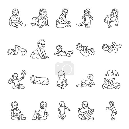 Illustration for Early childhood black line icons set. Toddler development - Royalty Free Image