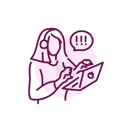 Téléchargez les illustrations : Businesswoman works remotely color line icon. Female entrepreneur. - en licence libre de droit